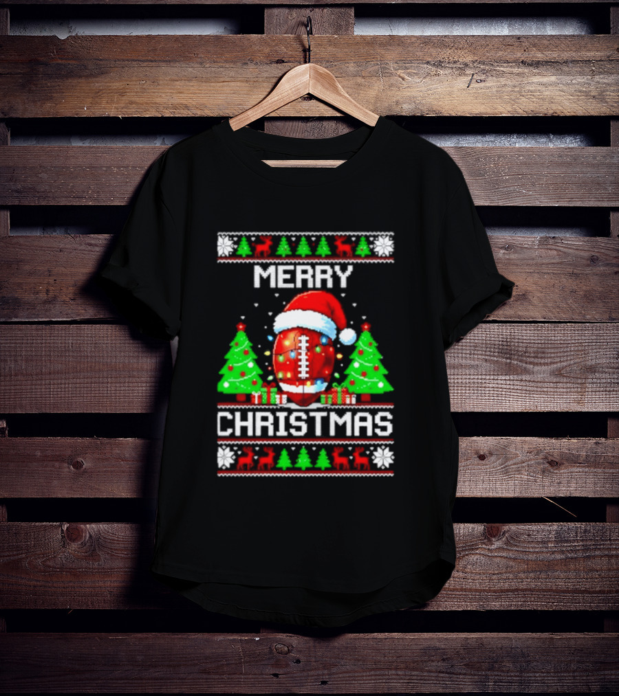 Merry Christmas Football Santa Hat Lights Festive Trees T-Shirt