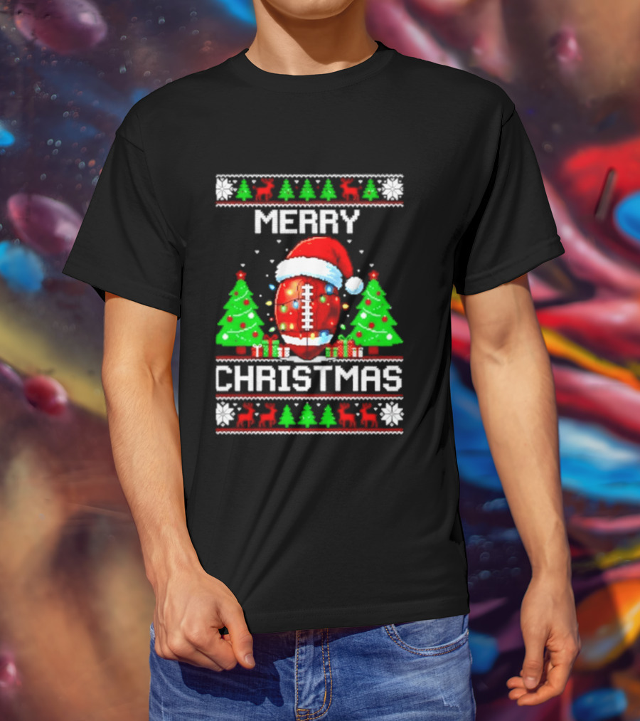 Merry Christmas Football Santa Hat Lights Festive Trees T-Shirt