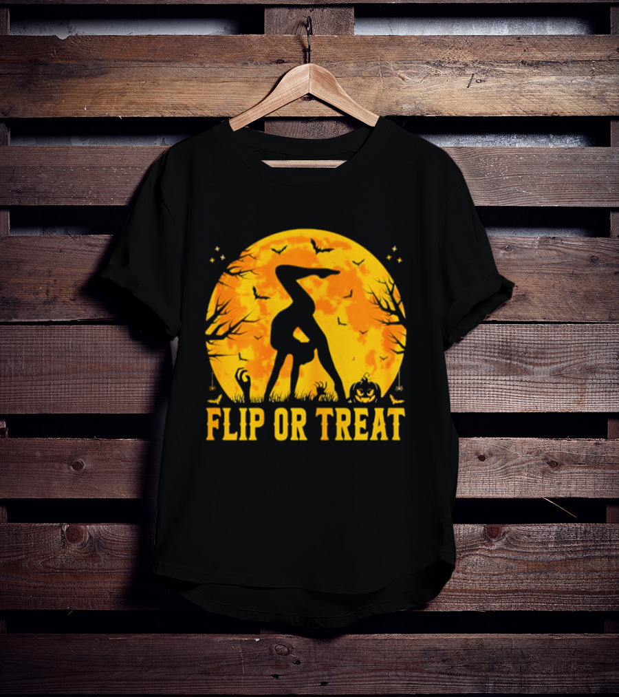 Flip Or Treat Halloween Gymnastics Moon Silhouette Spooky Pumpkin T-Shirt