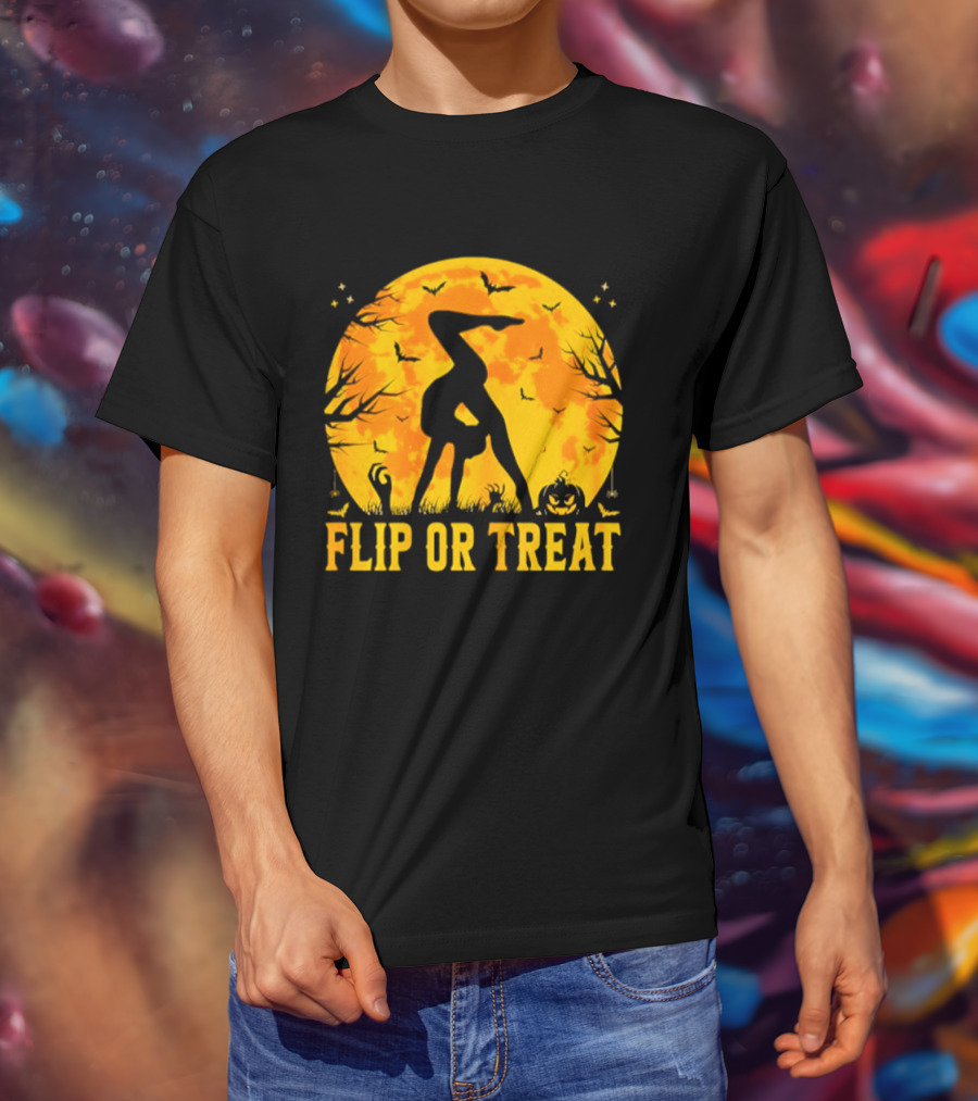 Flip Or Treat Halloween Gymnastics Moon Silhouette Spooky Pumpkin T-Shirt