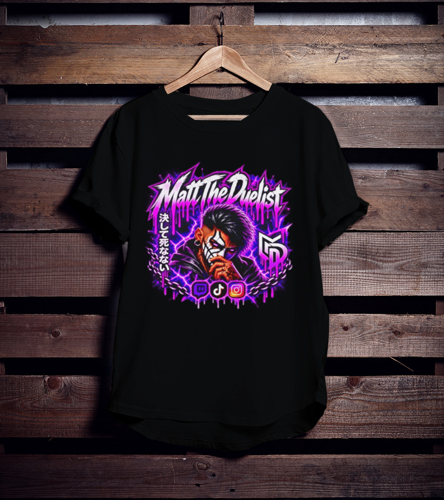 Matt The Duelist Freelance MTD Anime Gamer Mask Neon Purple Kanji T-Shirt