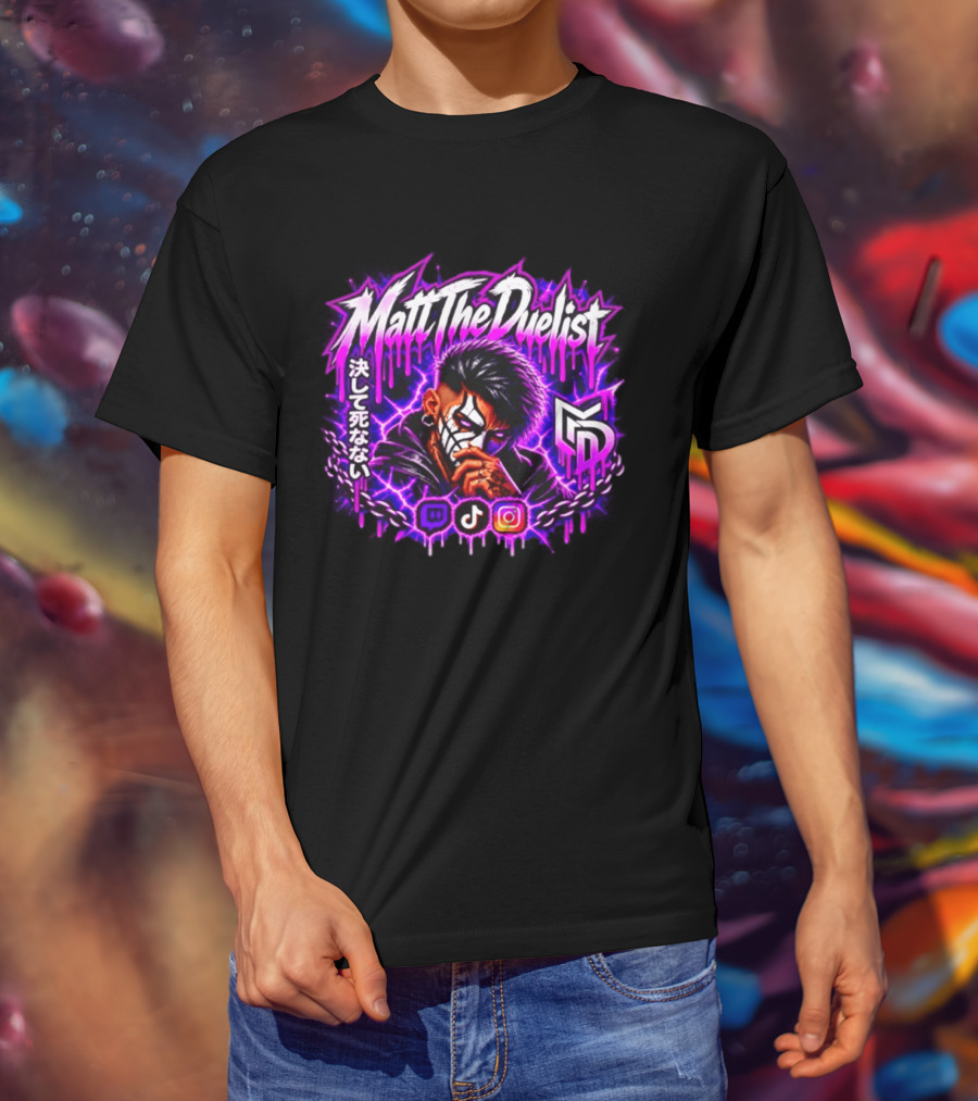 Matt The Duelist Freelance MTD Anime Gamer Mask Neon Purple Kanji T-Shirt