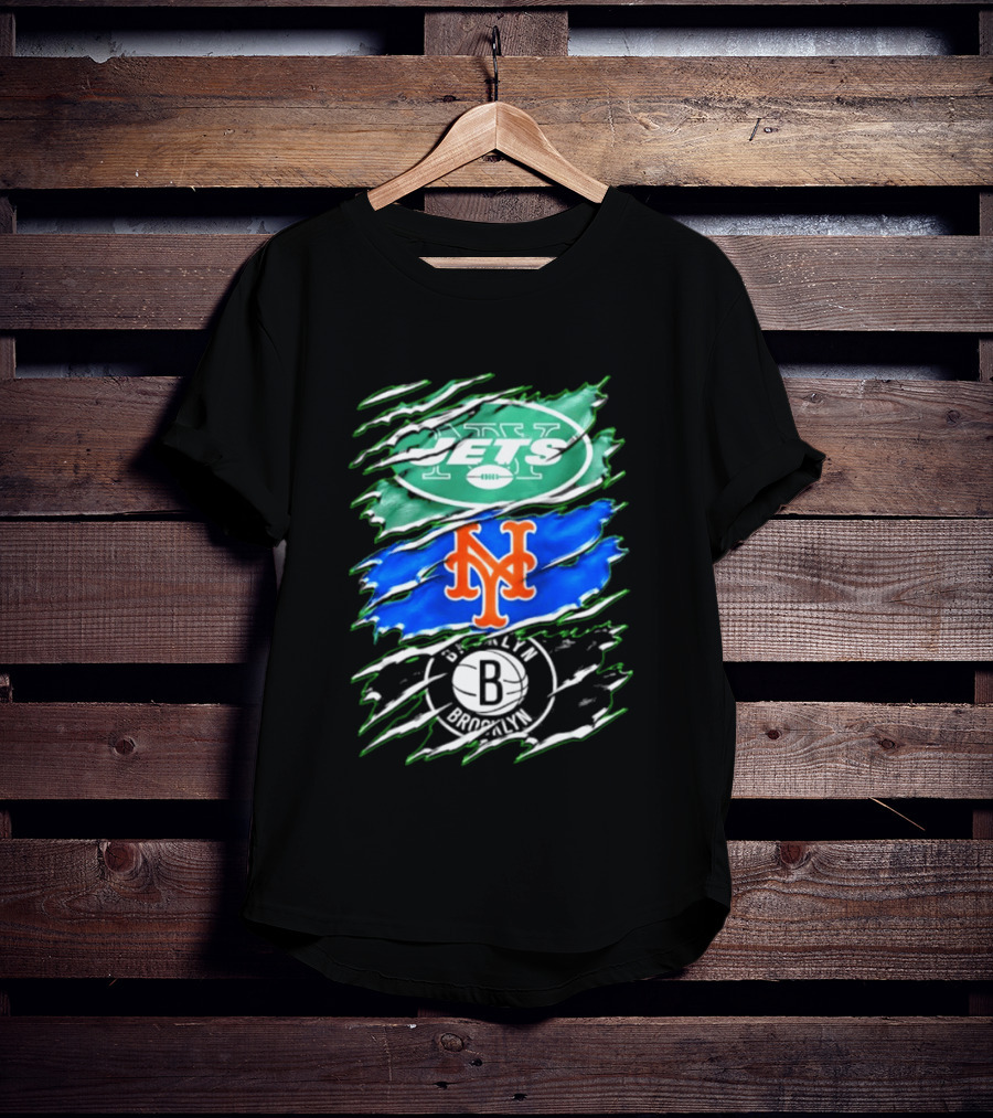 New York Jets Mets Brooklyn Nets Scratch Logo Mashup T-Shirt