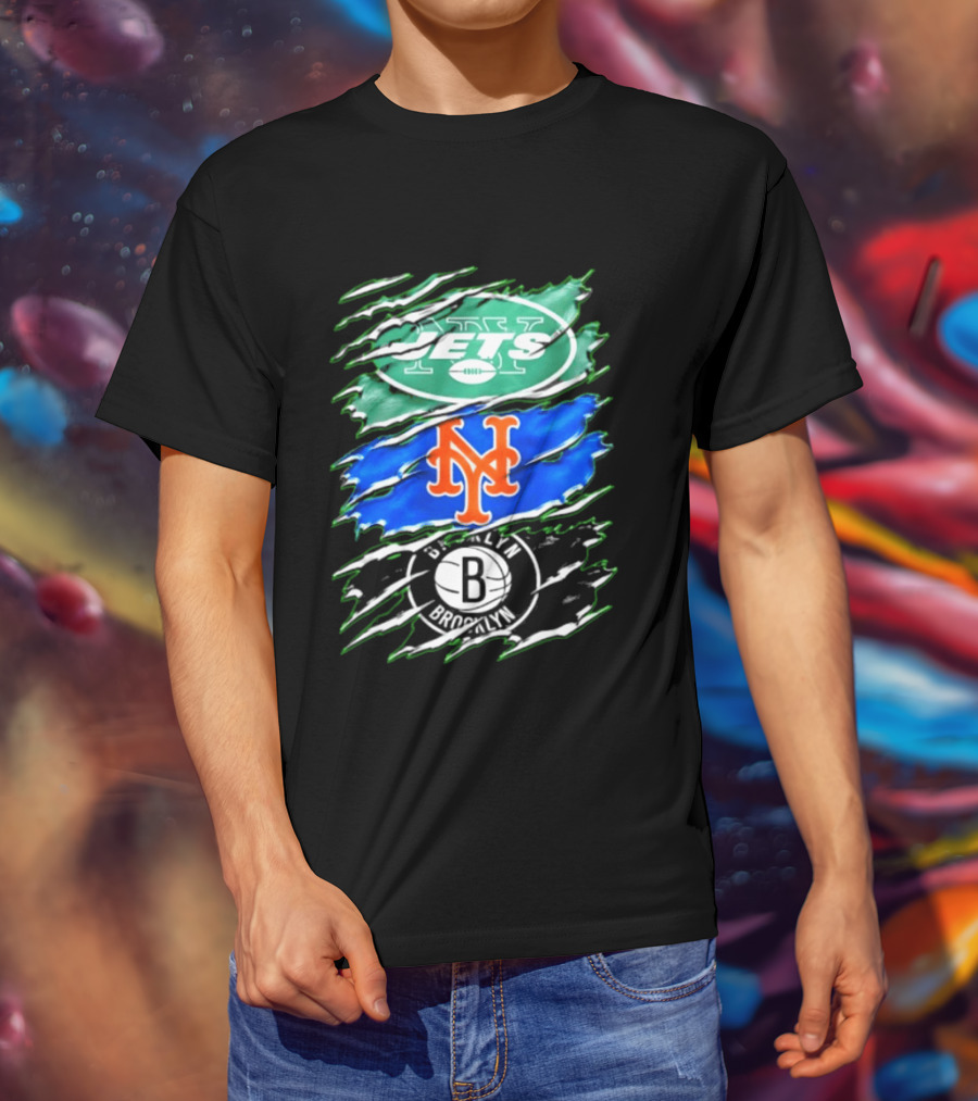 New York Jets Mets Brooklyn Nets Scratch Logo Mashup T-Shirt