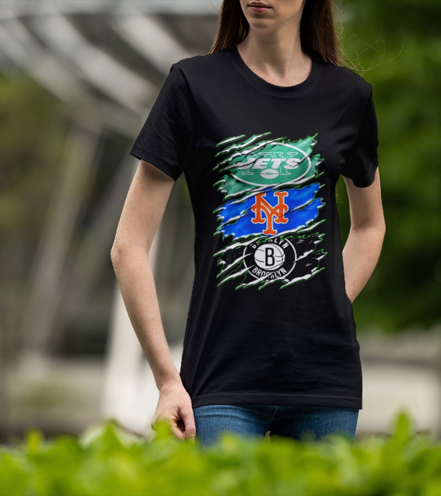 New York Jets Mets Brooklyn Nets Scratch Logo Mashup T-Shirt