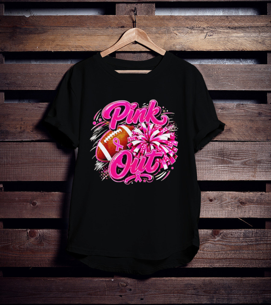 Pink Out Breast Cancer Awareness Football Cheerleading Pom Poms T-Shirt
