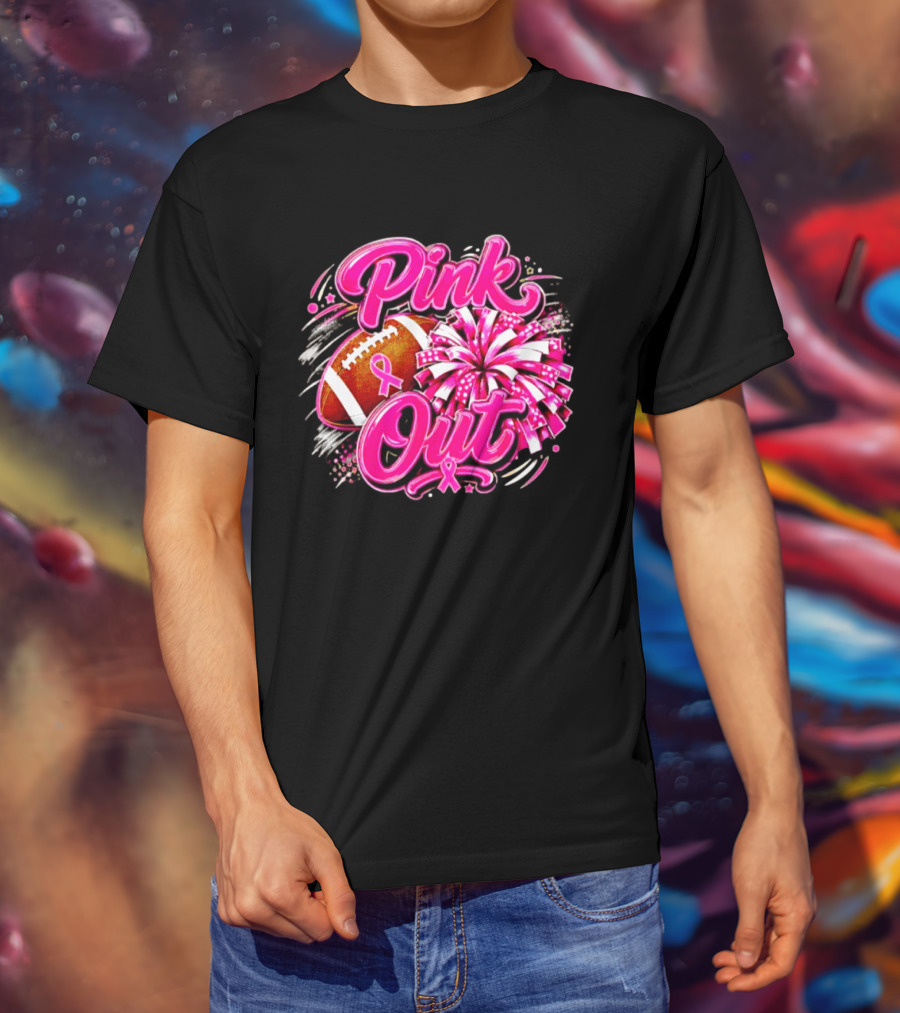 Pink Out Breast Cancer Awareness Football Cheerleading Pom Poms T-Shirt