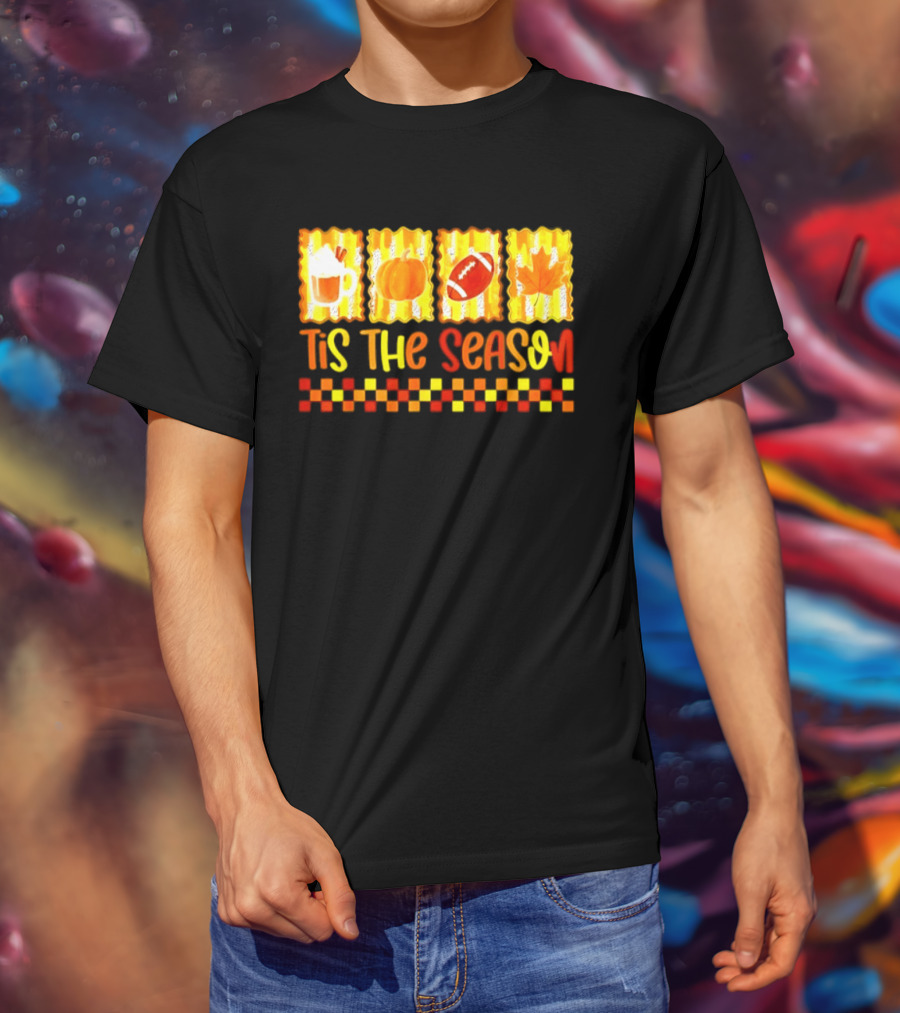 Tis The Season Pumpkin Coffee Football Leaf Halloween T-Shirt