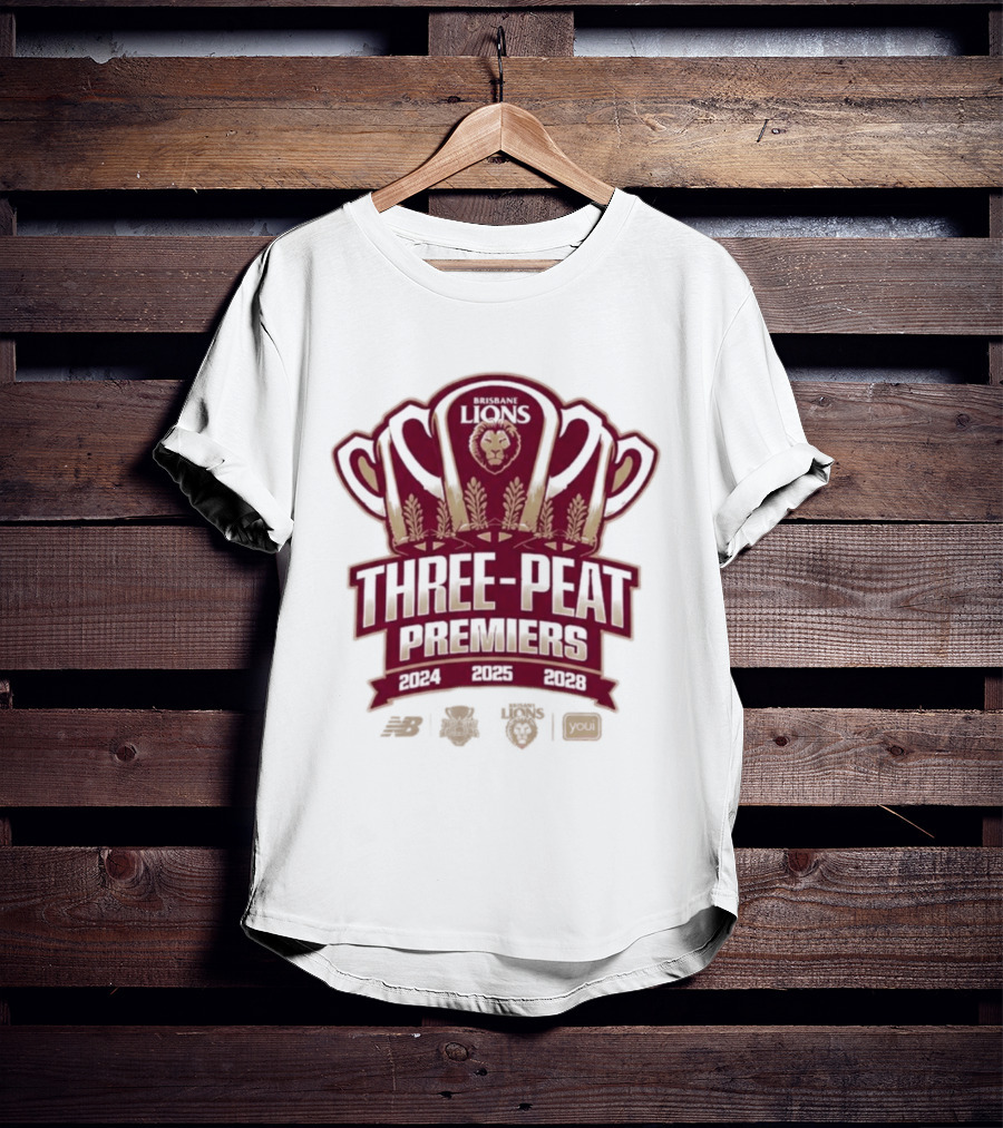 Brisbane Lions Three Peat Premiers 2024 2025 2026 AFL Trophy T-Shirt