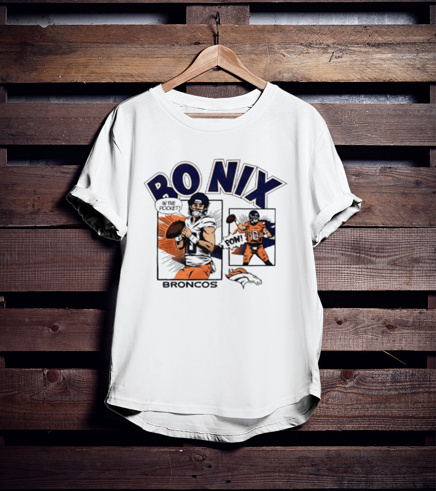Bo Nix Broncos Comic Pow In The Pocket T-Shirt