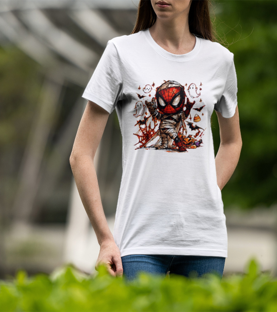 Spider Man Mummy Marvel Halloween Spidey Ghosts Bats Candy Corn Pumpkin T-Shirt