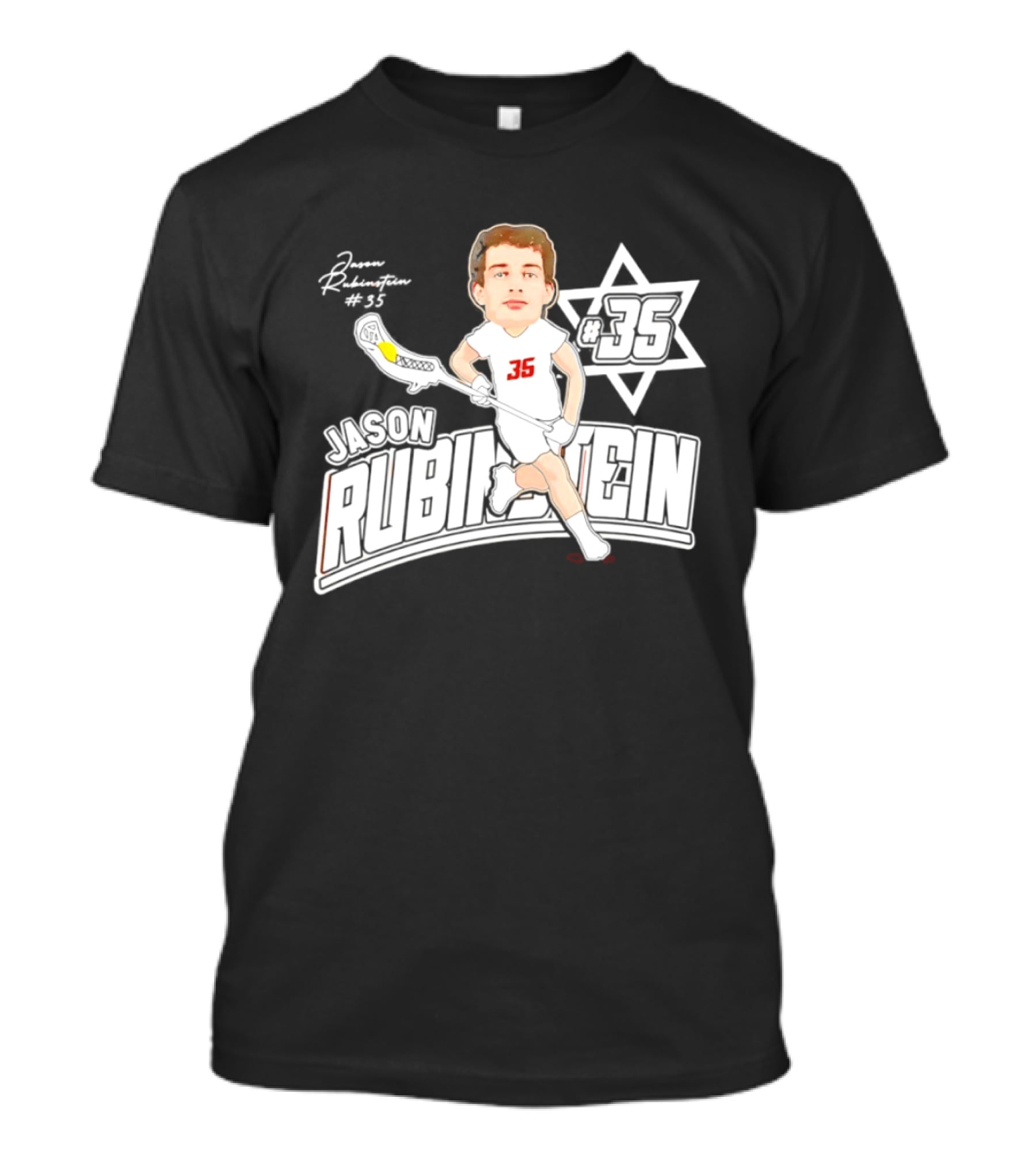 Jason Rubinstein Number 35 Lacrosse Jewish Star Caricature NCAA Rhodes T-Shirt