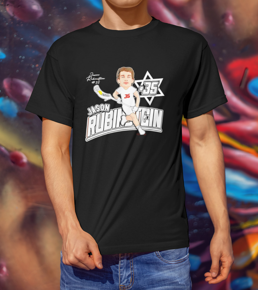 Jason Rubinstein Number 35 Lacrosse Jewish Star Caricature NCAA Rhodes T-Shirt