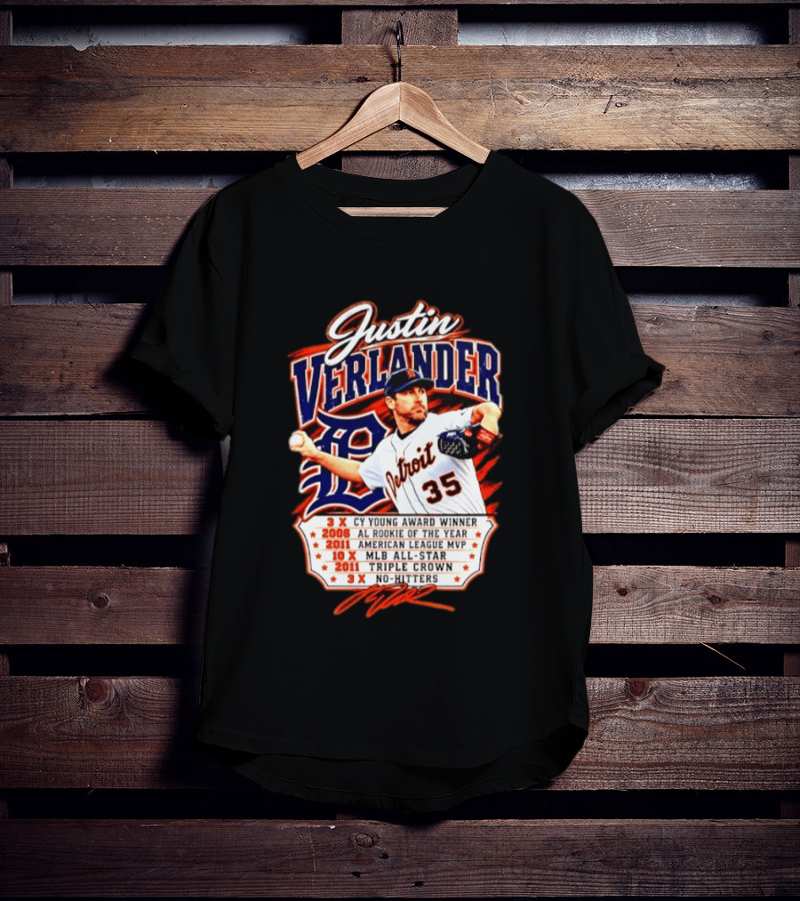 Justin Verlander Detroit Tigers Triple Crown 3x Cy Young 2011 MVP MLB All Star No Hitters T-Shirt