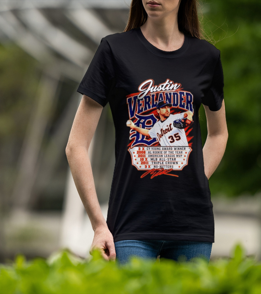 Justin Verlander Detroit Tigers Triple Crown 3x Cy Young 2011 MVP MLB All Star No Hitters T-Shirt