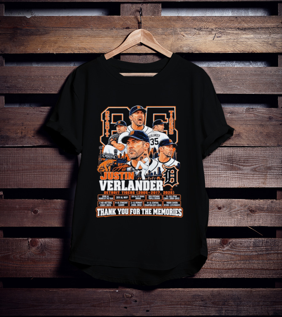 Detroit Tigers 35 Justin Verlander Thank You For The Memories 2005 2017 2026 T-Shirt