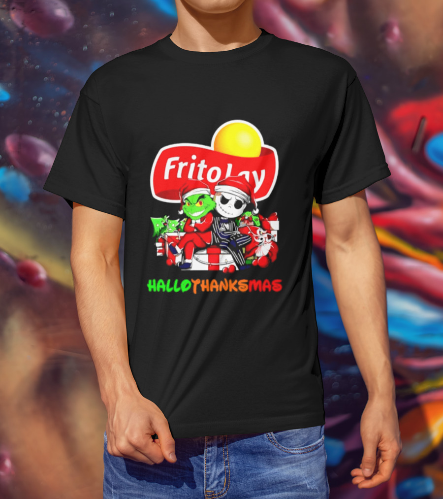 Frito Lay Grinch Jack Skellington Hallothanksmas 2026 Christmas Santa Hats T-Shirt
