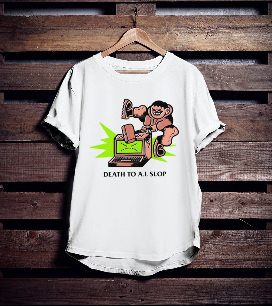 Death To AI Slop Digital Technology Revolution Sledgehammer Laptop Destruction T-Shirt