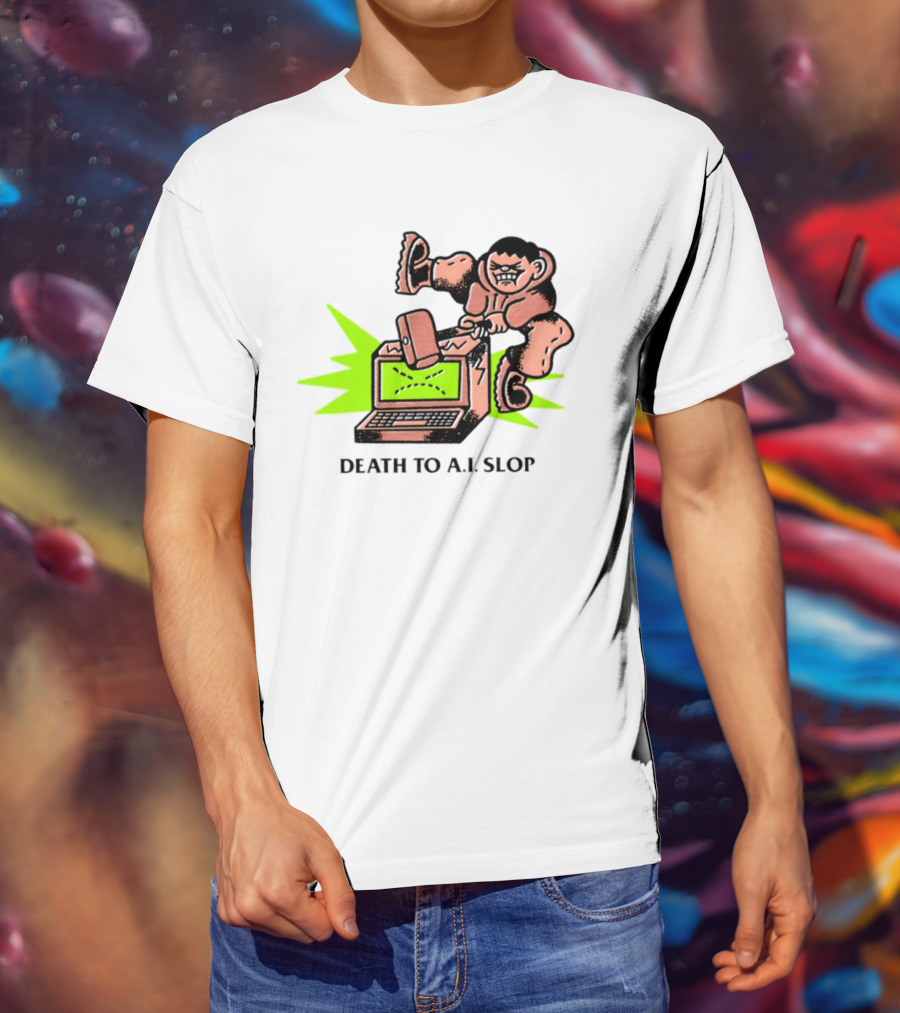 Death To AI Slop Digital Technology Revolution Sledgehammer Laptop Destruction T-Shirt