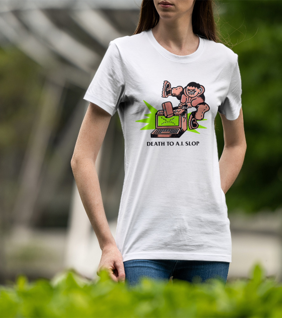 Death To AI Slop Digital Technology Revolution Sledgehammer Laptop Destruction T-Shirt