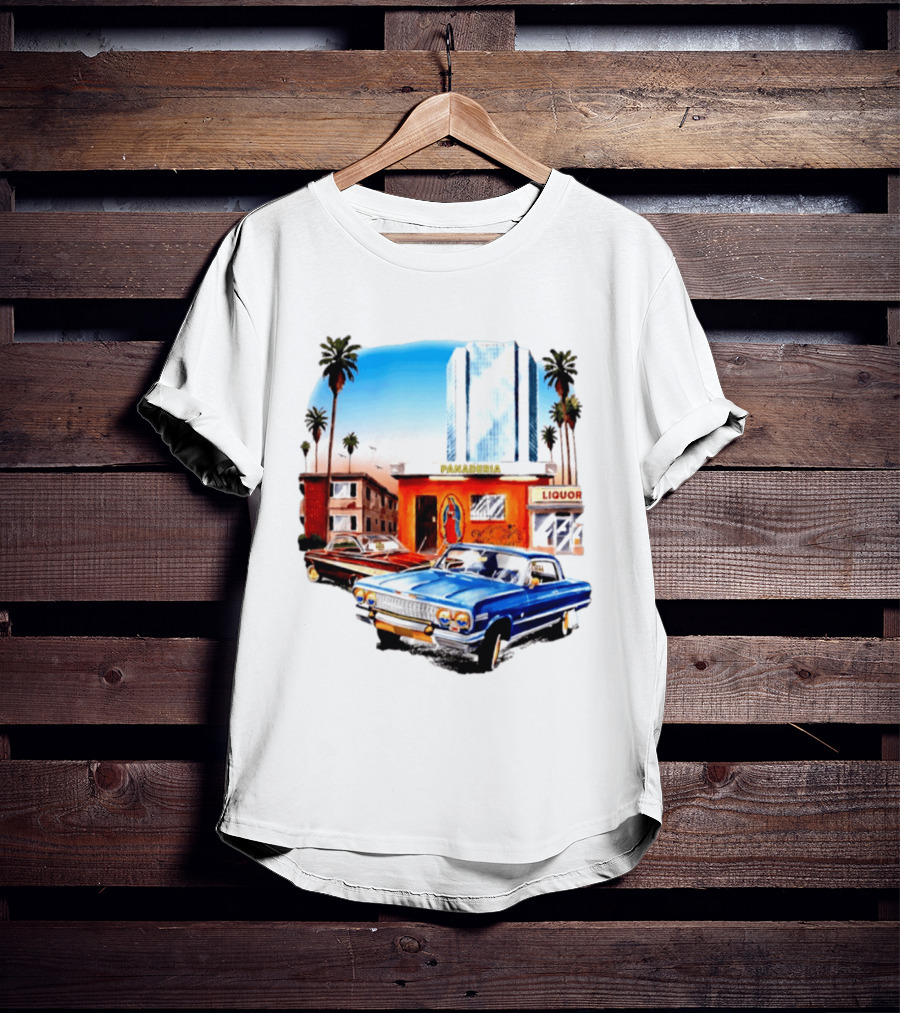 Panaderia Liquor Lowrider Scene With Vintage Cars And Palms T-Shirt