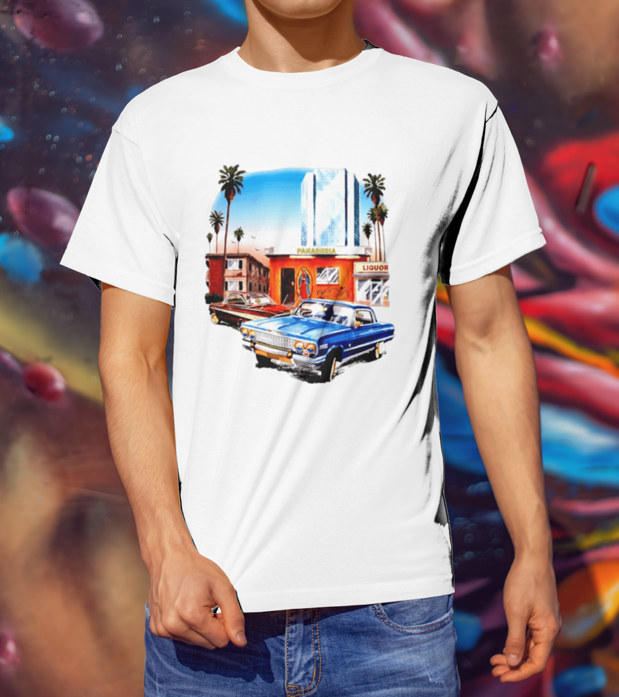 Panaderia Liquor Lowrider Scene With Vintage Cars And Palms T-Shirt