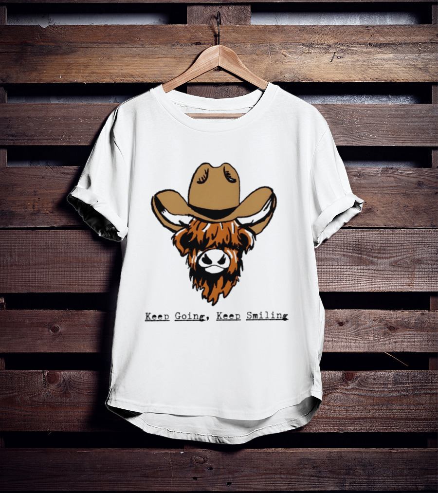 Highland Cow Cowboy Hat Keep Going Keep Smiling Vintage Look T-Shirt