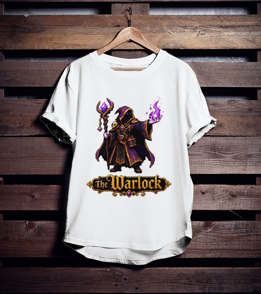 The Warlock Pixel Fantasy Mage RPG Cloaked Wizard With Staff And Magic Spell T-Shirt