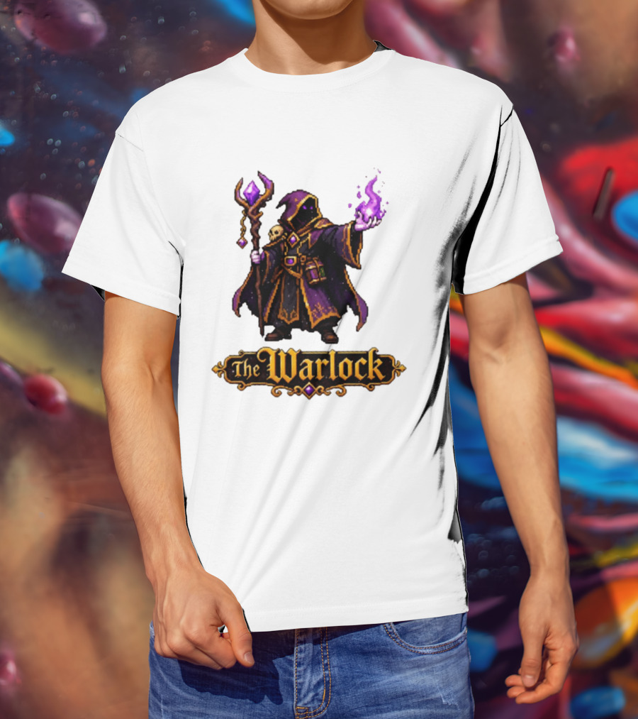 The Warlock Pixel Fantasy Mage RPG Cloaked Wizard With Staff And Magic Spell T-Shirt