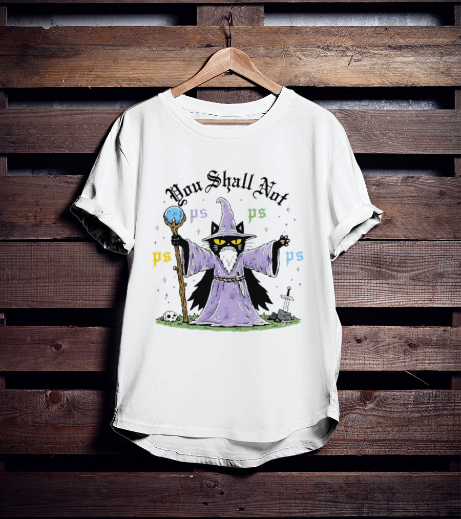 You Shall Not Ps Ps Cat Wizard Lord Of The Rings Mage Spellcaster Staff Cloak T-Shirt
