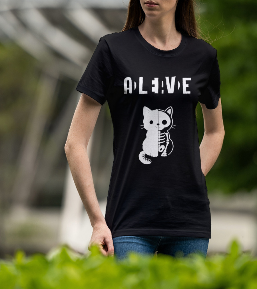 Alive Half Skeleton Cat Cute T-Shirt