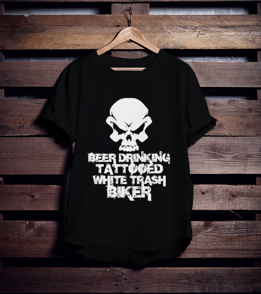 Beer Drinking Tattooed White Trash Biker Skull T-Shirt