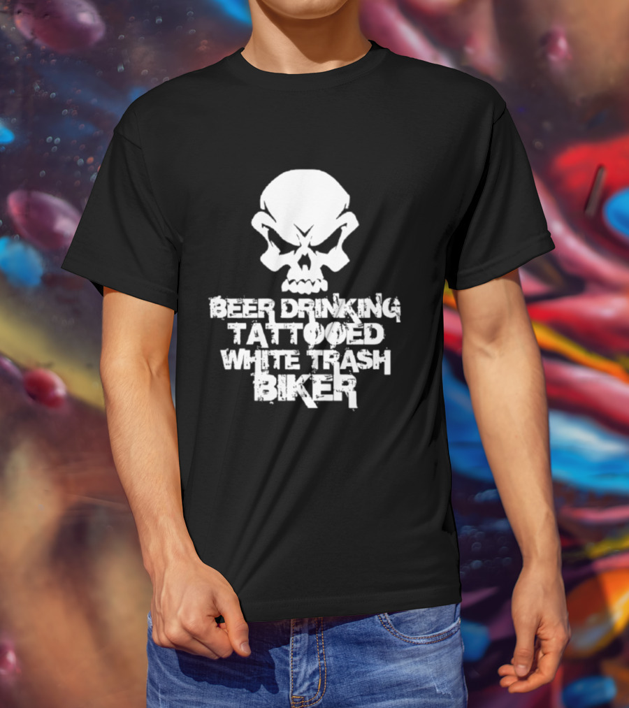 Beer Drinking Tattooed White Trash Biker Skull T-Shirt