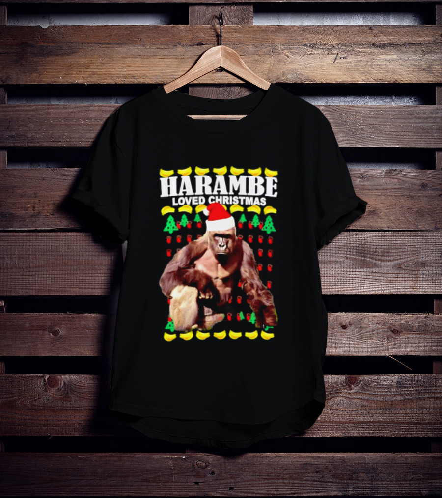 Harambe Loved Christmas Gorilla In Santa Hat With Bananas And Trees T-Shirt