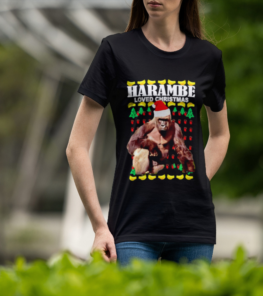 Harambe Loved Christmas Gorilla In Santa Hat With Bananas And Trees T-Shirt