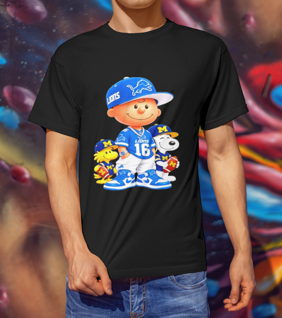 Charlie Brown Snoopy Woodstock Detroit Lions Michigan Wolverines Football Fan 16 T-Shirt