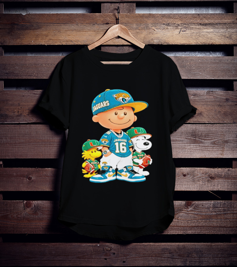 Peanuts Charlie Brown Snoopy Woodstock Jacksonville Jaguars Miami Hurricanes Football Fan Gear T-Shirt