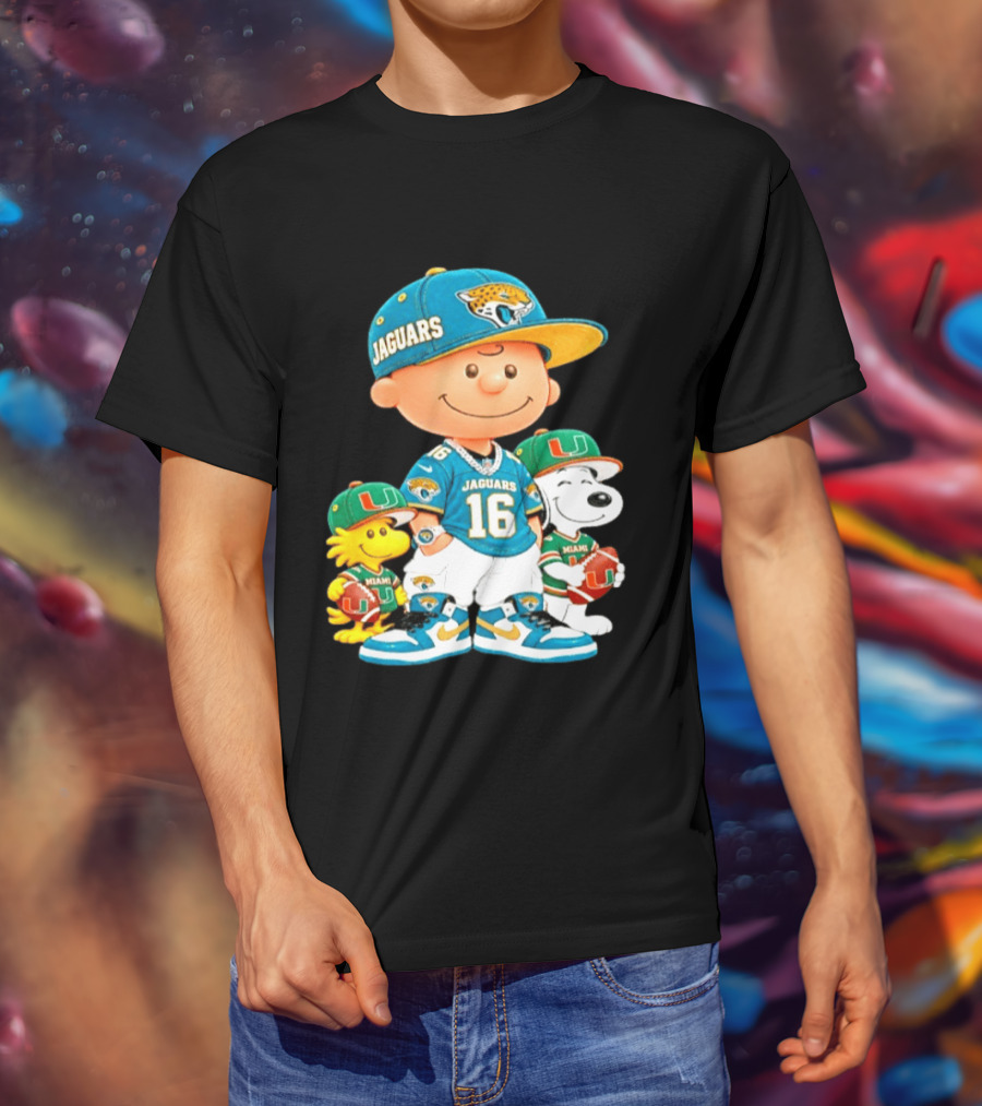 Peanuts Charlie Brown Snoopy Woodstock Jacksonville Jaguars Miami Hurricanes Football Fan Gear T-Shirt