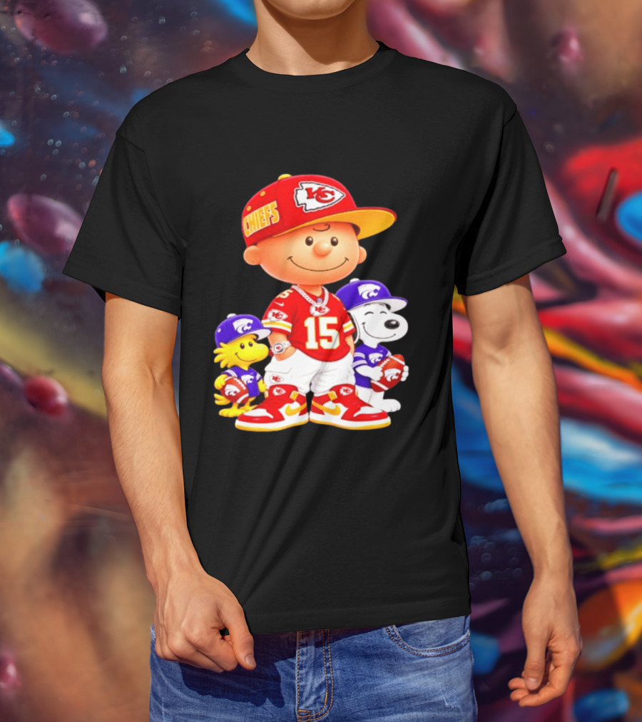 Charlie Brown Snoopy Woodstock Kansas City Chiefs 15 Football Peanuts Characters NFL Team Sports Gear T-Shirt