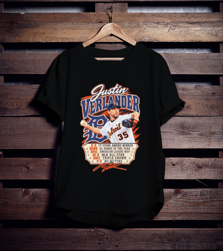 Justin Verlander Detroit Tigers Career 3x Cy Young Award Winner AL Rookie Of The Year 2011 American League MVP MLB All Star Triple Crown No Hitters T-Shirt