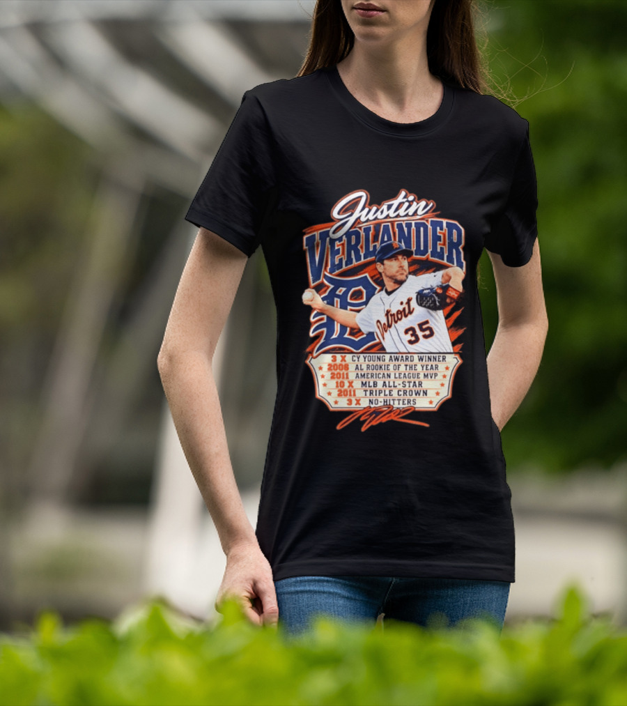 Justin Verlander Detroit Tigers Career 3x Cy Young Award Winner AL Rookie Of The Year 2011 American League MVP MLB All Star Triple Crown No Hitters T-Shirt
