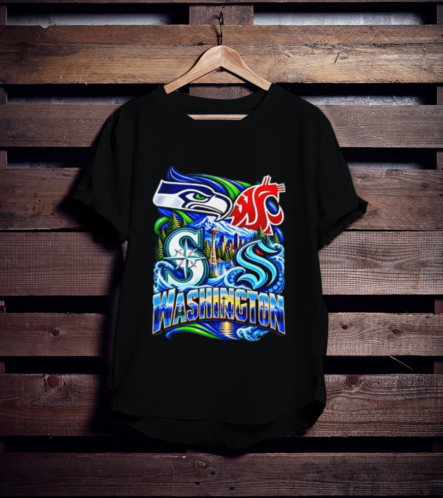 Seattle Seahawks Washington State Cougars Mariners Kraken Washington Skyline T-Shirt