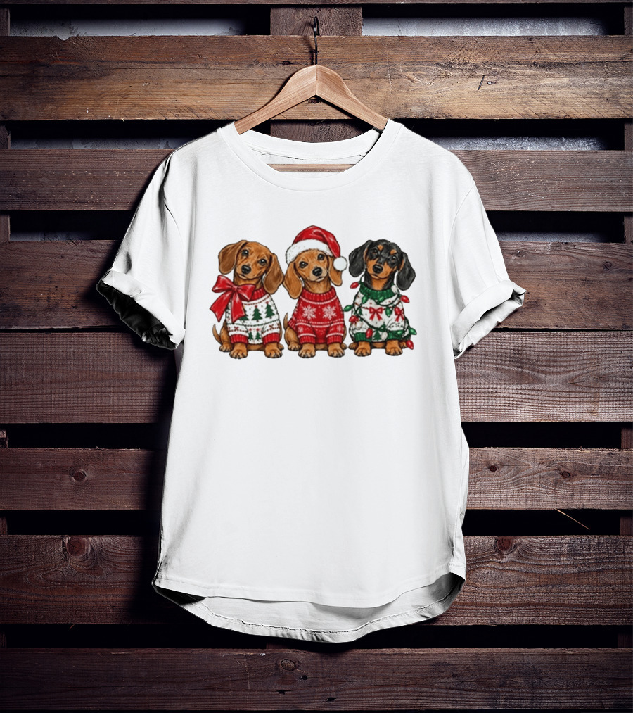 Cozy Christmas Dachshund Trio In Festive Sweaters With Santa Hat T-Shirt