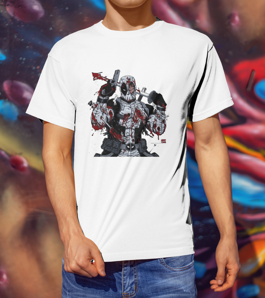 Deadpool Battle Damaged Bloody Swords Katana Gunner Comics Hero T-Shirt