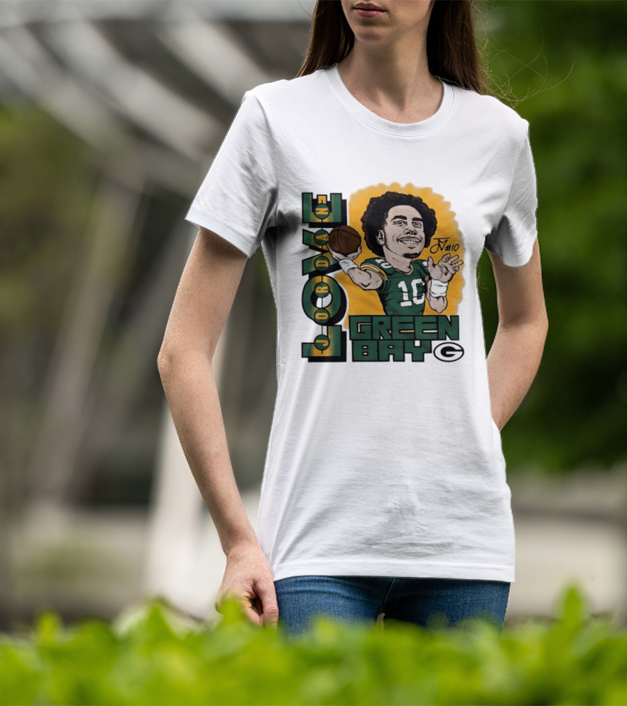 Green Bay Packers Jordan Love Caricature Player Number 10 Football T-Shirt
