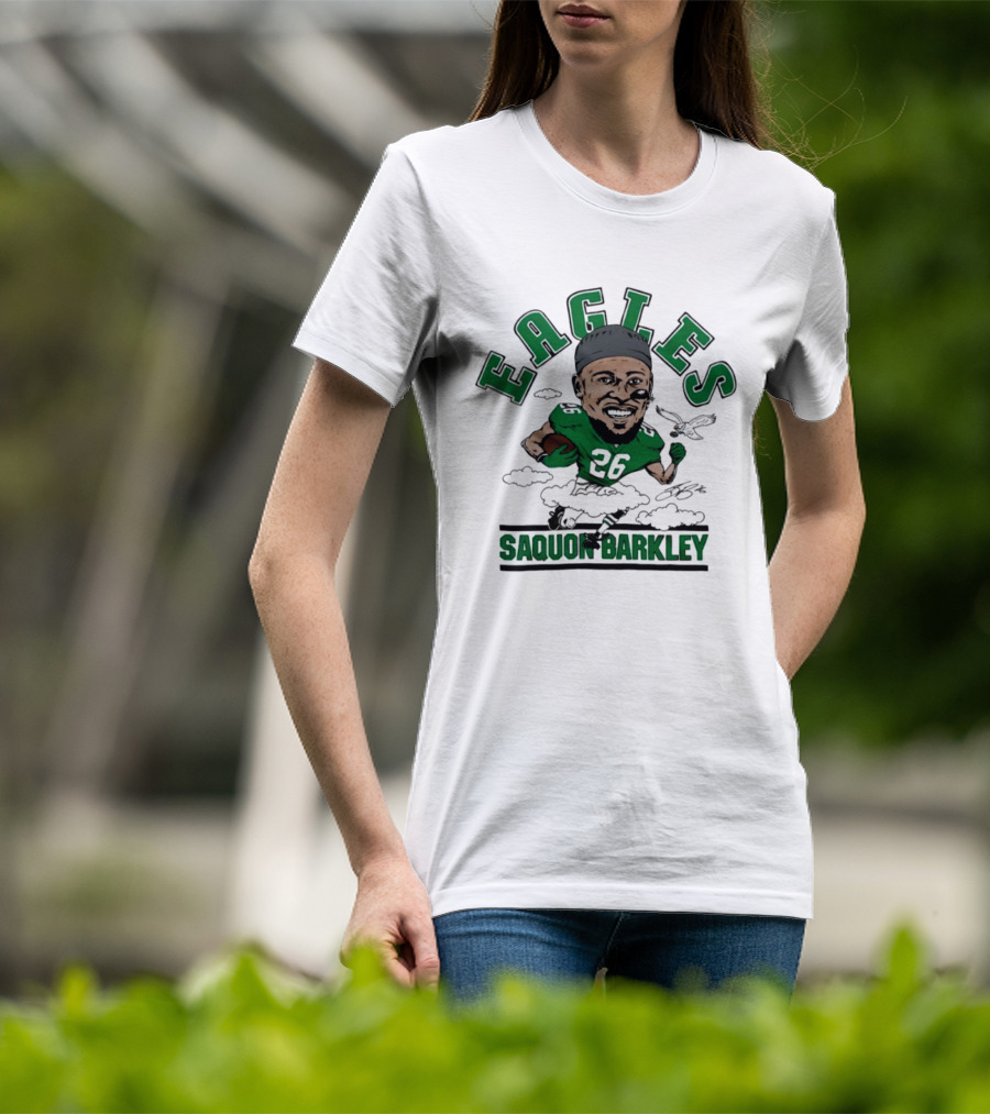 Eagles Saquon Barkley 26 Caricature Player Running Clouds T-Shirt