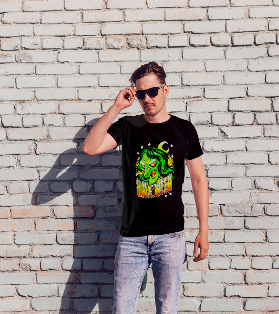 Halloween Witch Green Face Crescent Moon And Stars T-Shirt