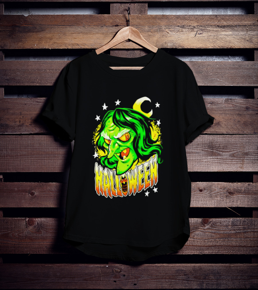 Halloween Witch Green Face Crescent Moon And Stars T-Shirt