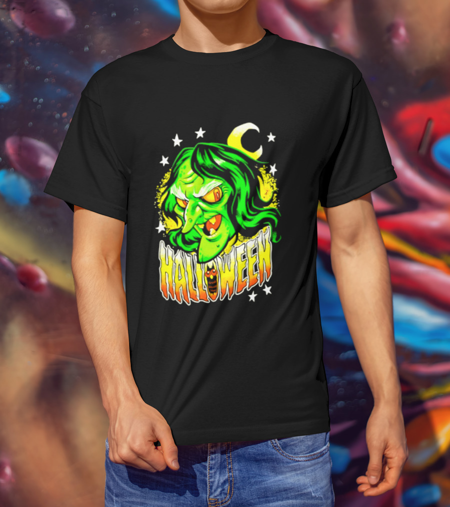 Halloween Witch Green Face Crescent Moon And Stars T-Shirt