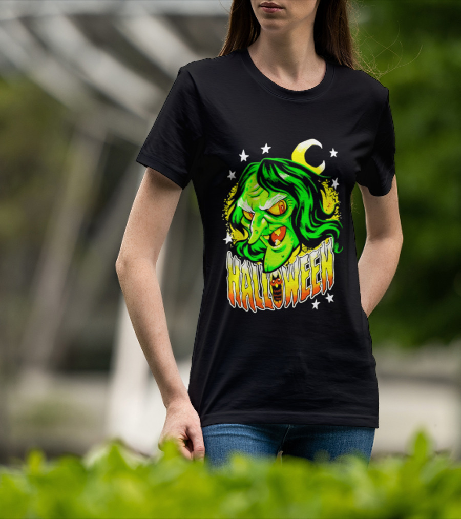 Halloween Witch Green Face Crescent Moon And Stars T-Shirt